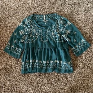 Free People 3/4 Sleeve Embroidered Sheer Blouse